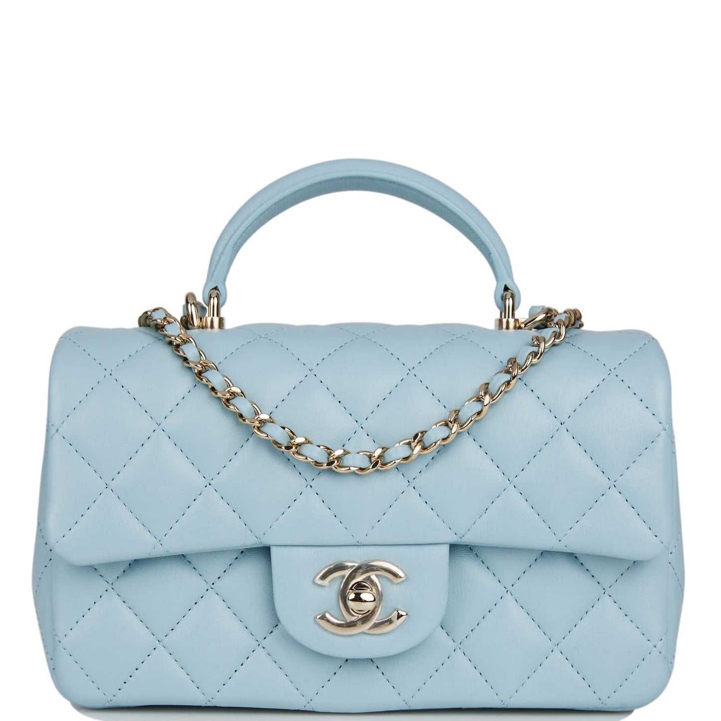 Chanel Mini Rectangular Flap With Top Handle Blue Lambskin Light Gold Hardware