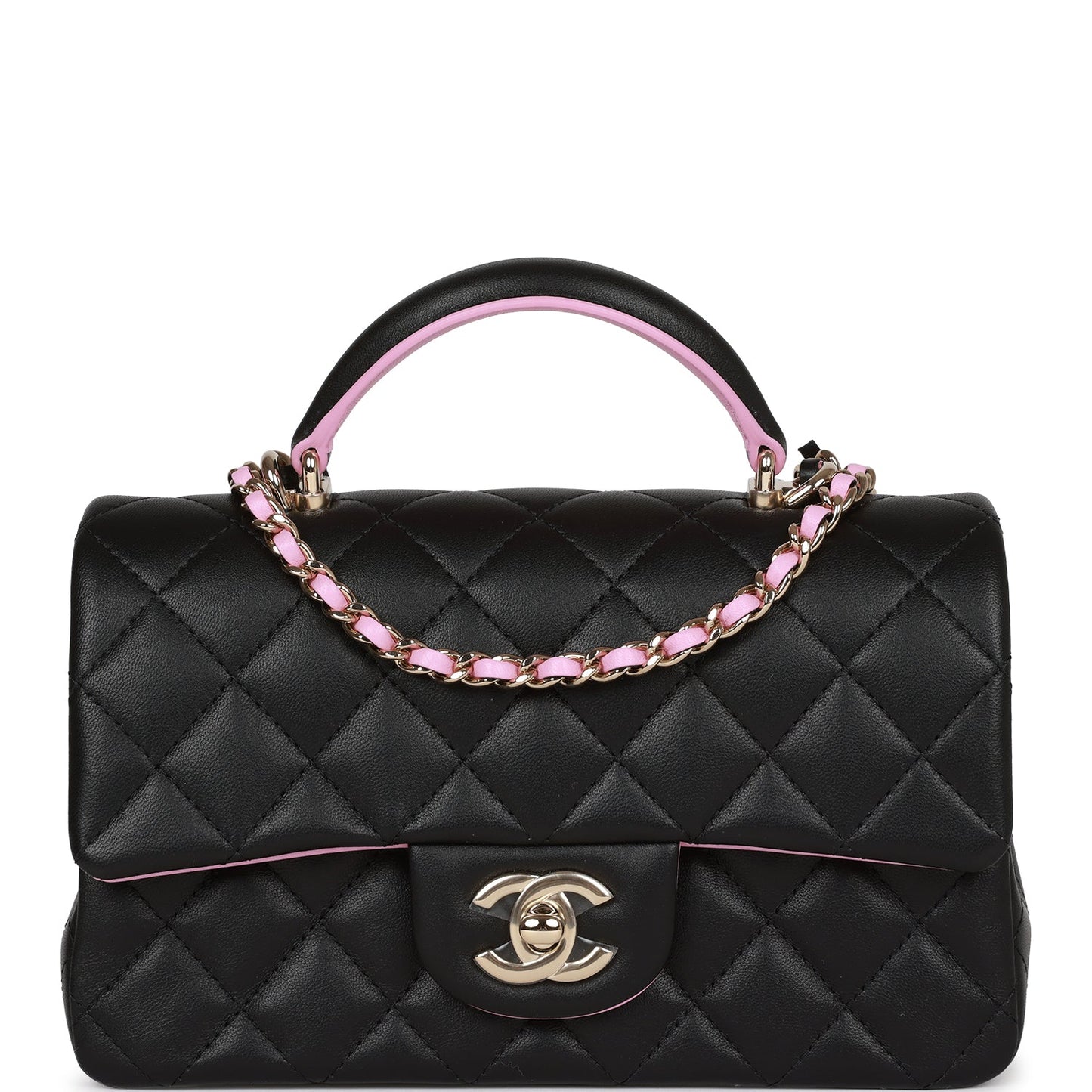 Chanel Mini Rectangular Flap Bag With Top Handle Black And Pink Lambskin Light Gold Hardware