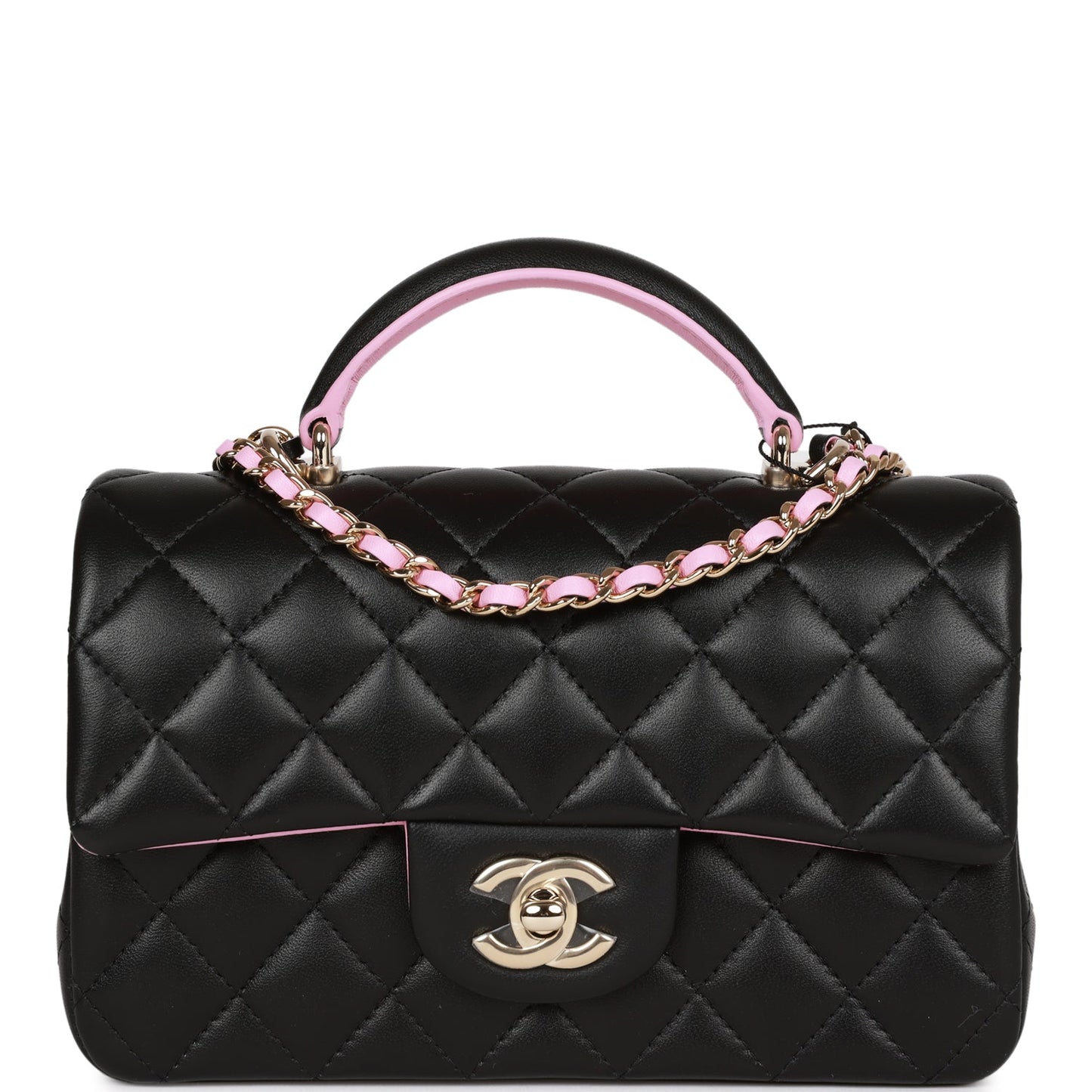 Chanel Mini Rectangular Flap With Top Handle Black And Pink Lambskin Light Gold Hardware