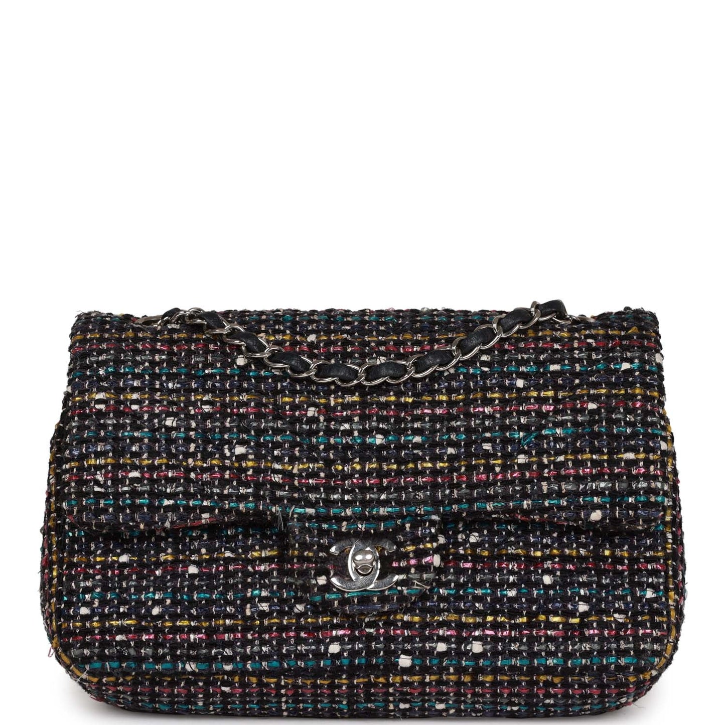 Chanel Medium Classic Double Flap Bag White And Black Tweed Boucle Silver Hardware