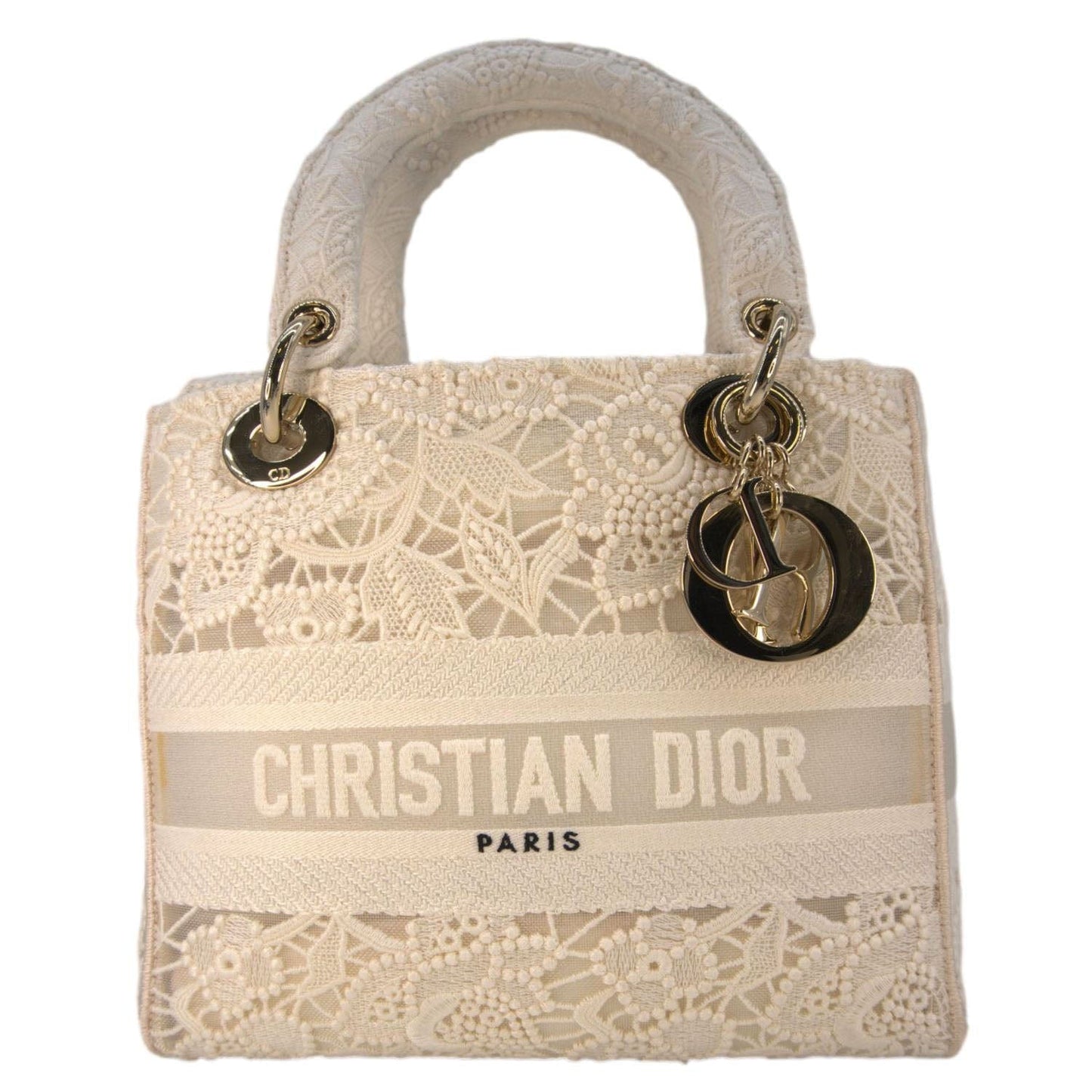 Christian Dior Lady Dior D-Lite Embroidered Canvas Shoulder Bag White