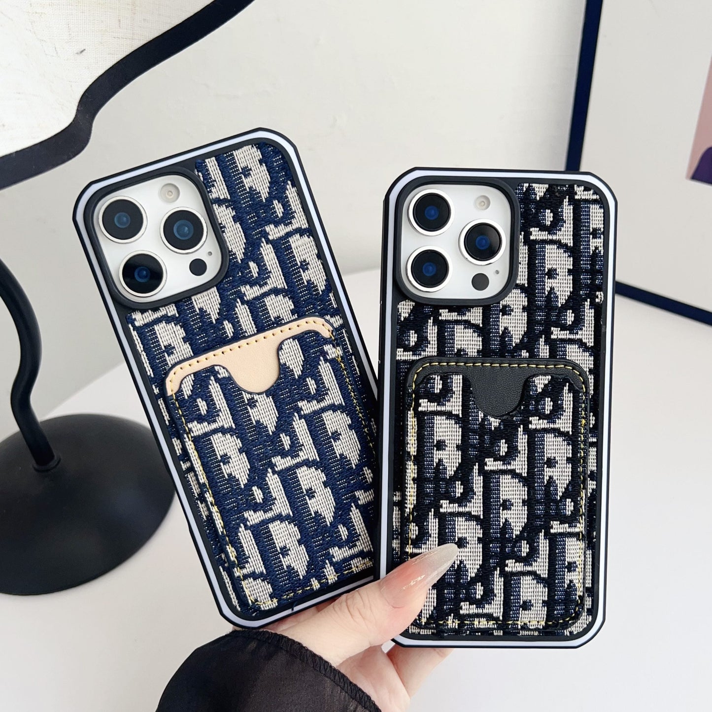 Dior Fabric iPhone Case Card Slot for 12 16 Pro Max Plus