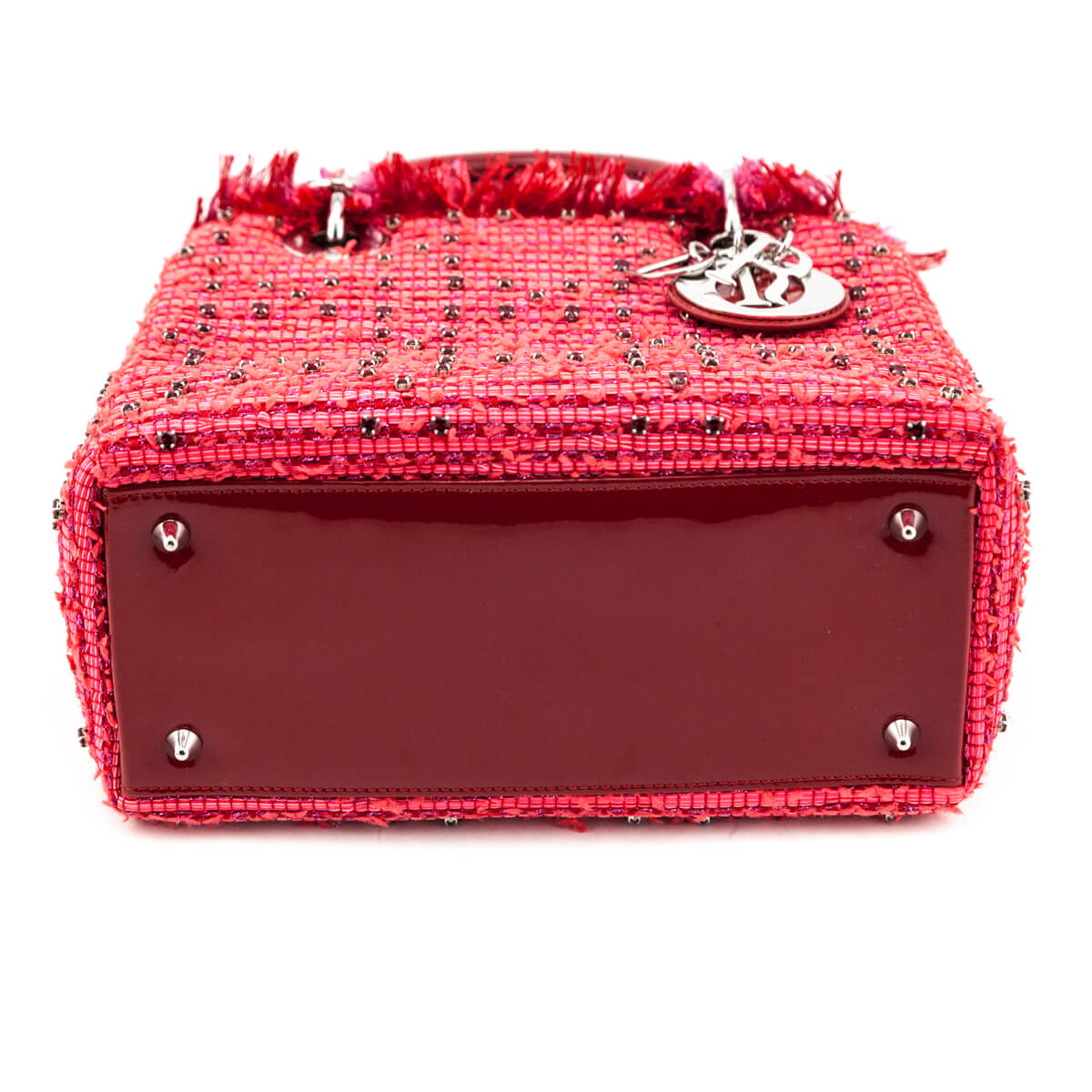 Dior Red Patent Pink Tweed Embellished Medium Lady Dior Bag