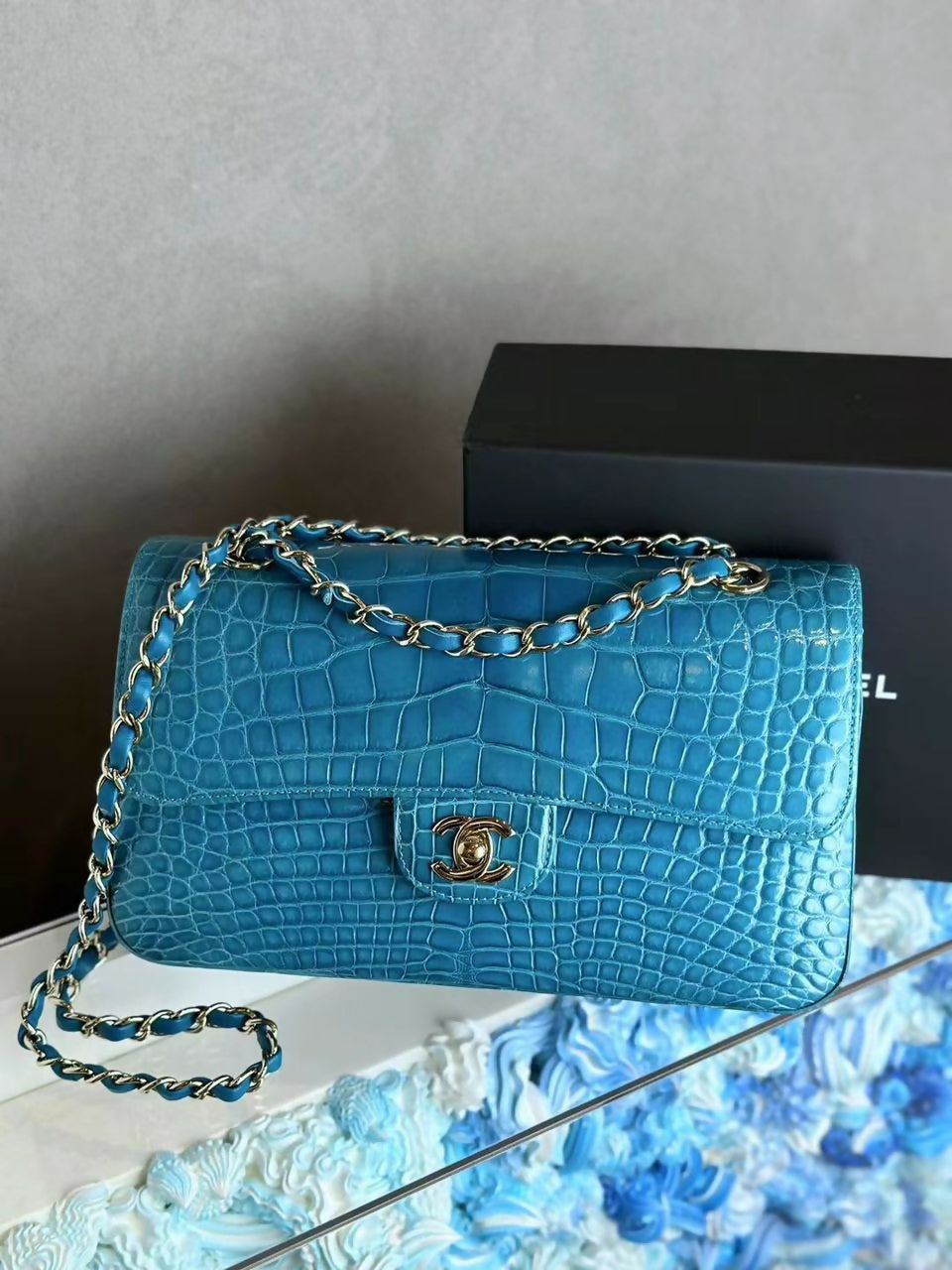 Chanel Medium Turquoise Crocodile Classic Flap Bag