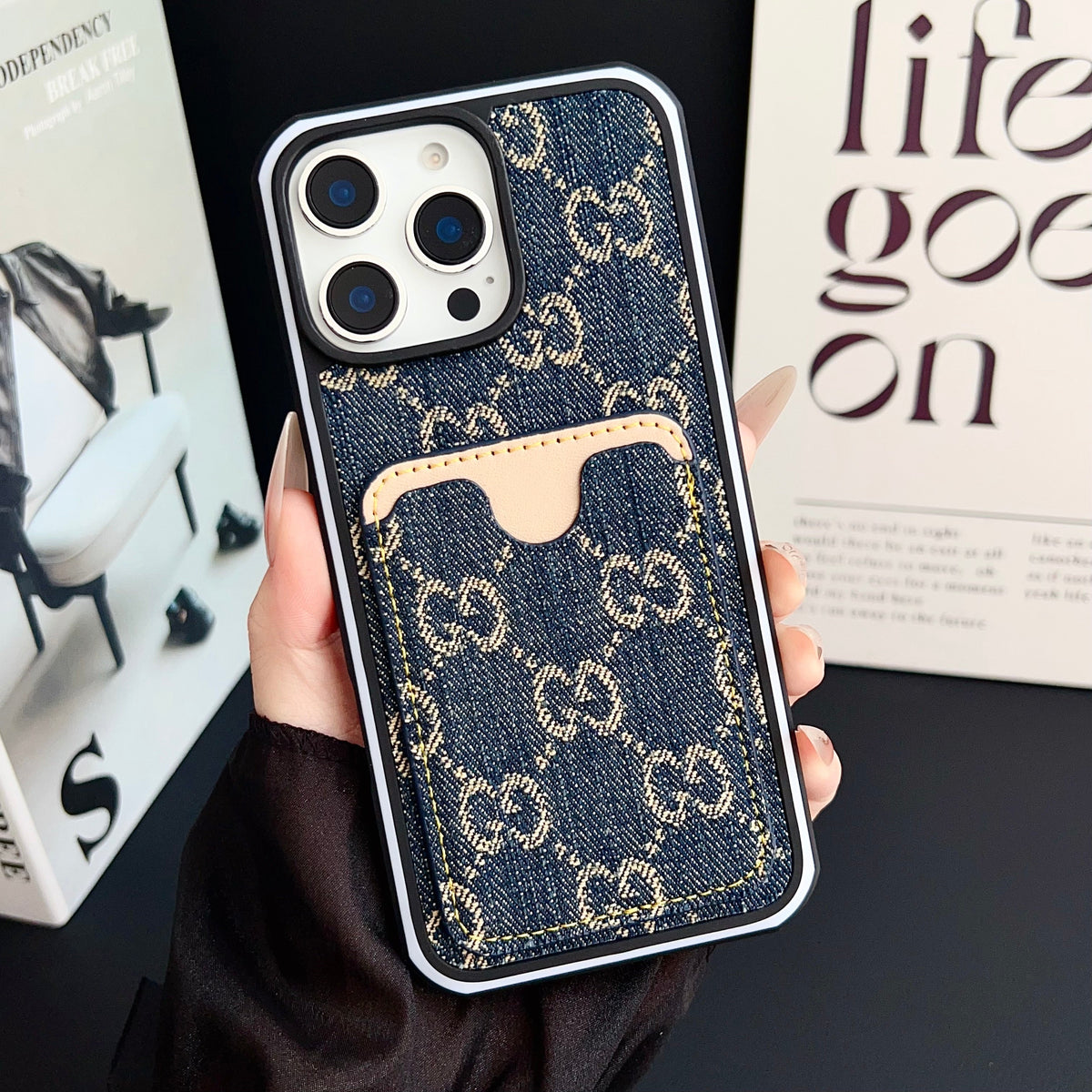 Gg Card Slot Denim Iphone Case For 12-16 Pro Max / 18 Pro / 18 Pro Max
