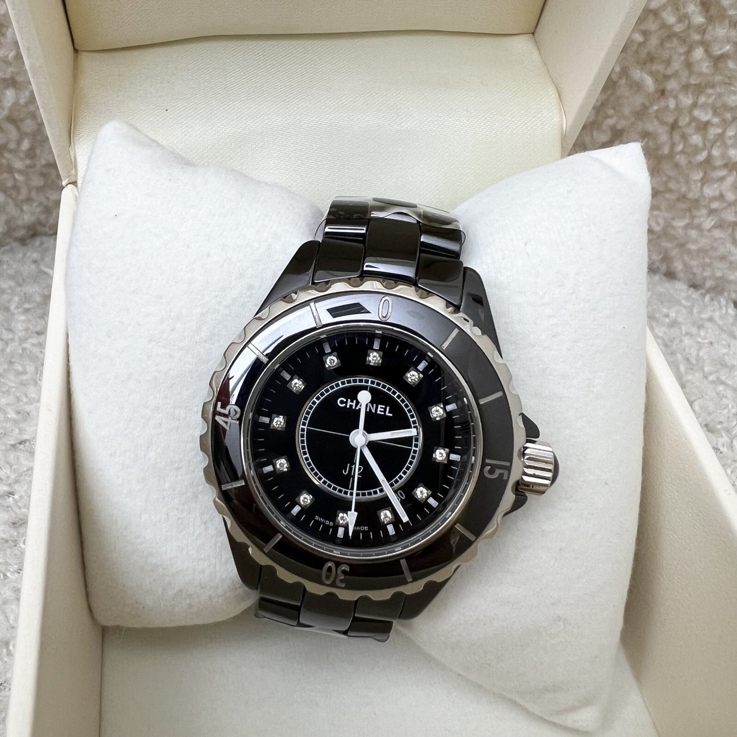 Chanel J12 Watch 33mm with 12 Diamonds in Black Ceramic Bracelet and Steel (2 Extra Links) (Model: H1625)