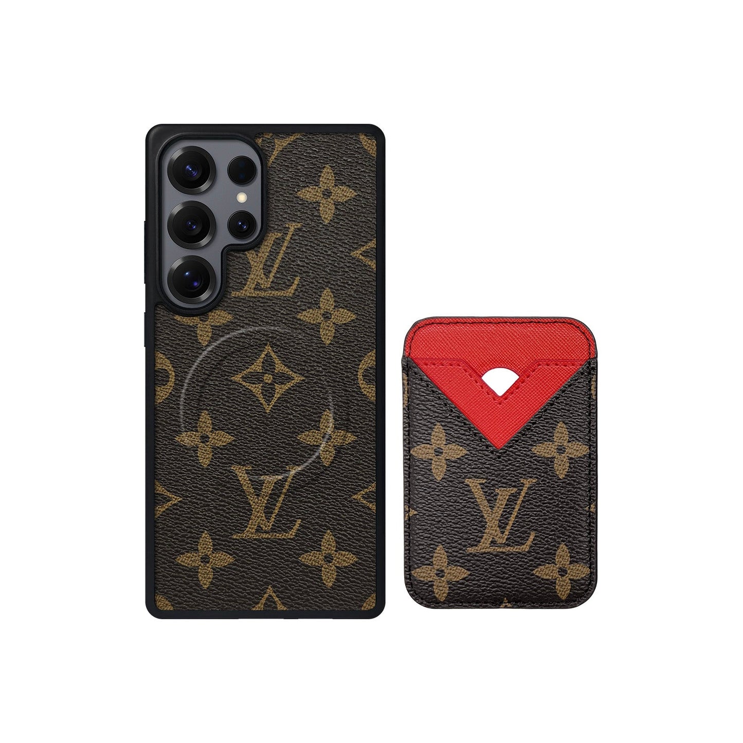 SET MAGSAFE CARDHOLDER LV MONOGRAM BROWN WITH RED