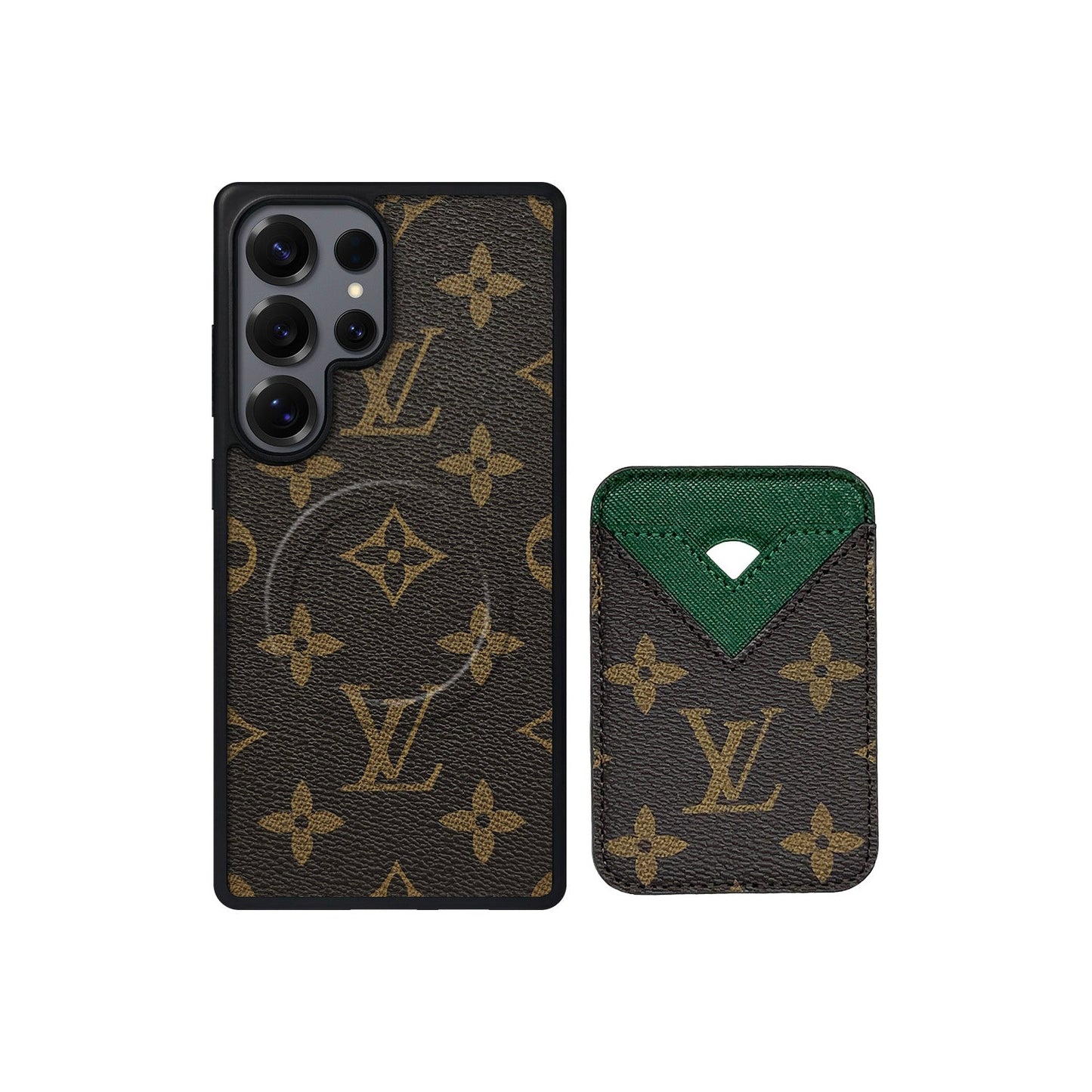 SET MAGSAFE CARDHOLDER LV MONOGRAM BROWN WITH GREEN