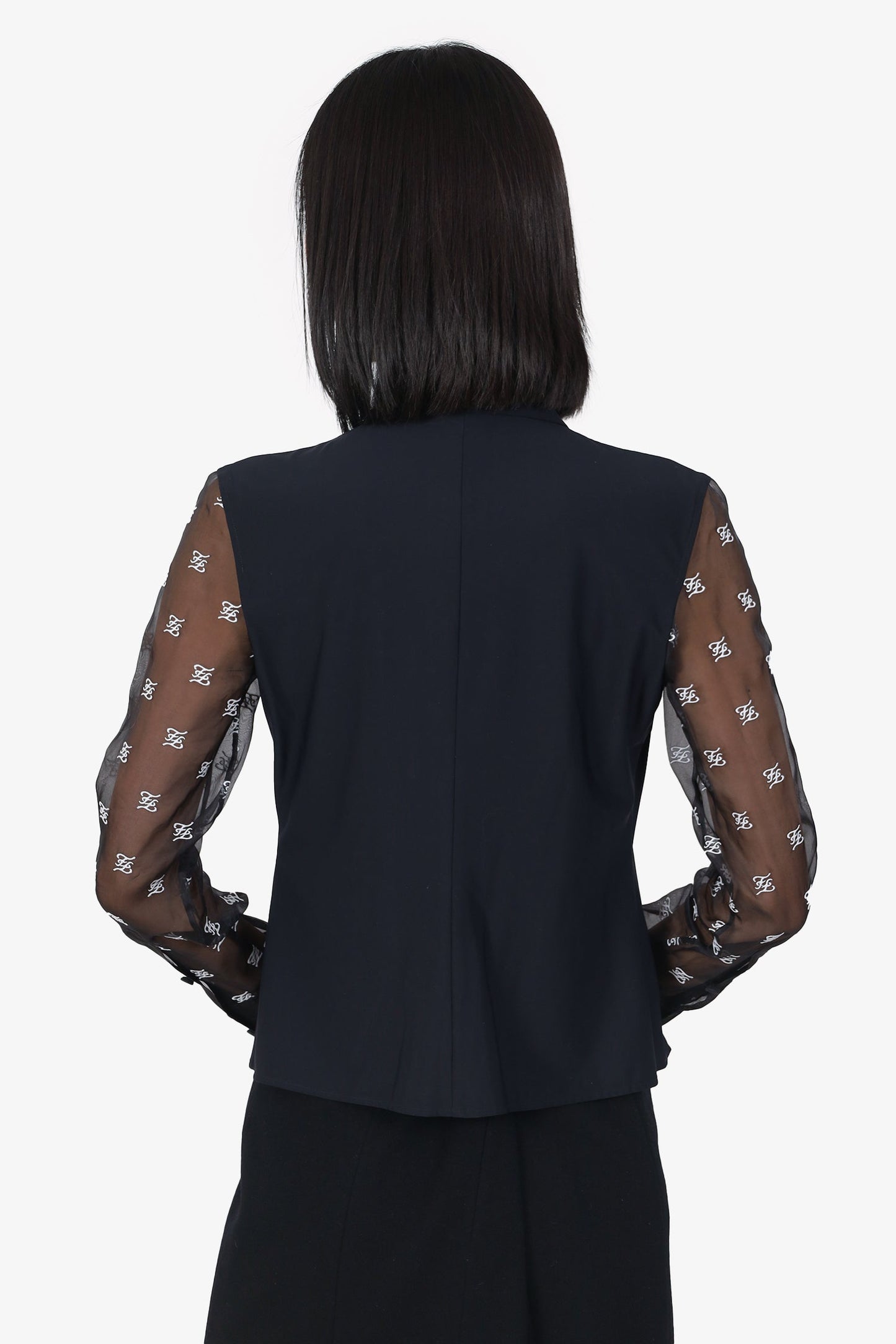 Fendi Black Sheer Sleeve Embroidered 'FF' Button Down Blo Size 38