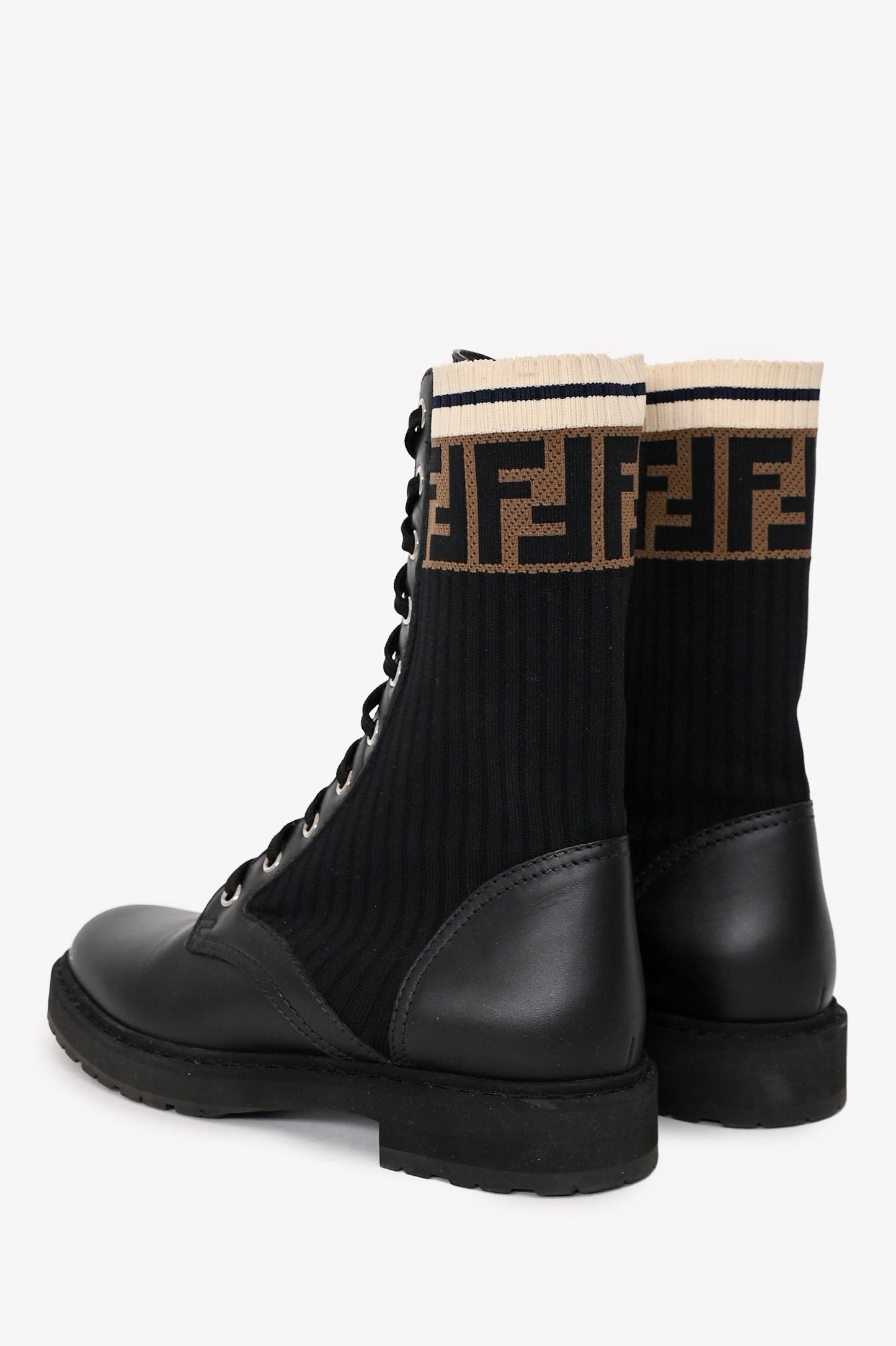 Fendi Black Leather Zucca Stretch Knit Combat Boots Size 37