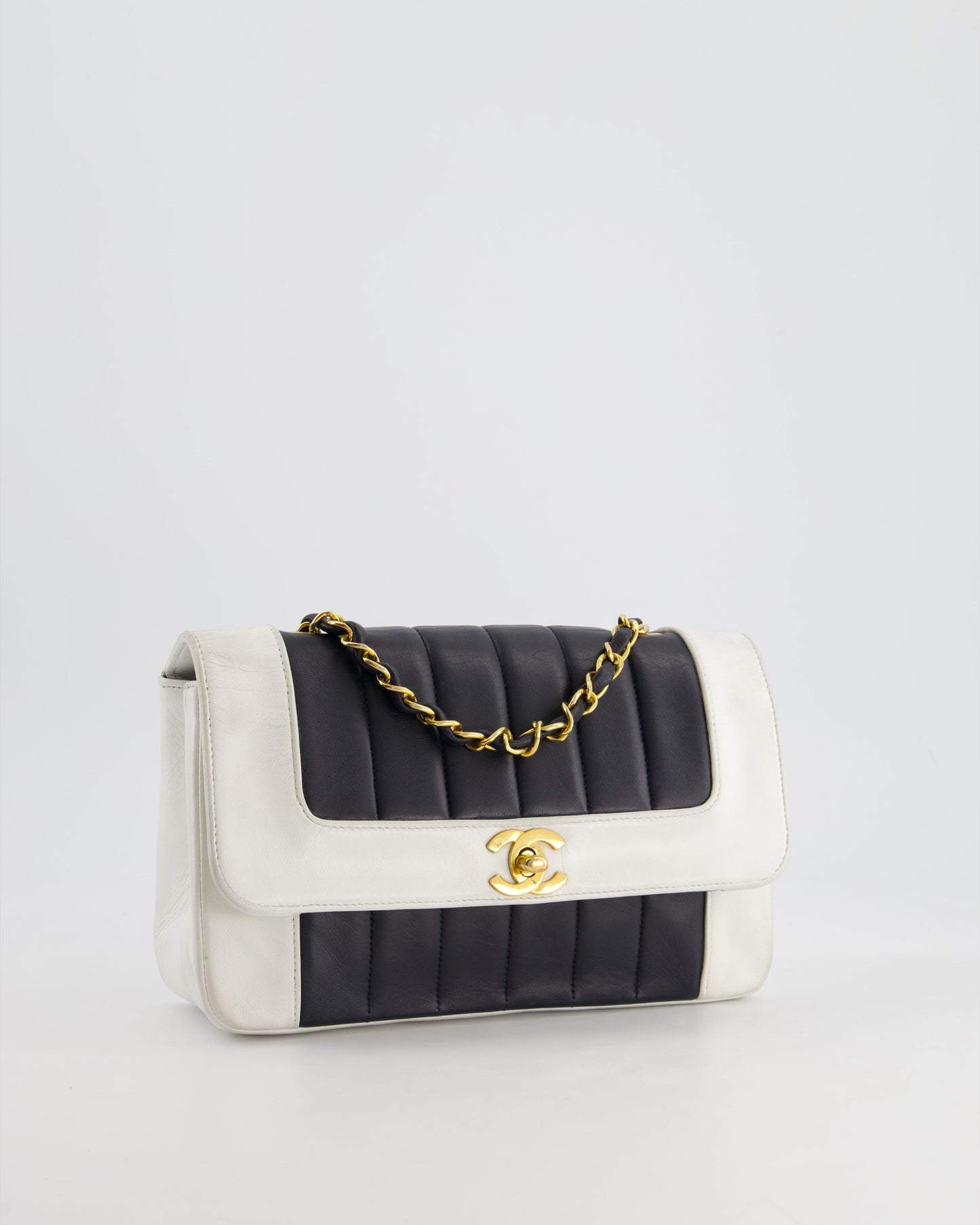 Chanel Flap Lambskin Leather Black White Gold Shoulder Bag Style