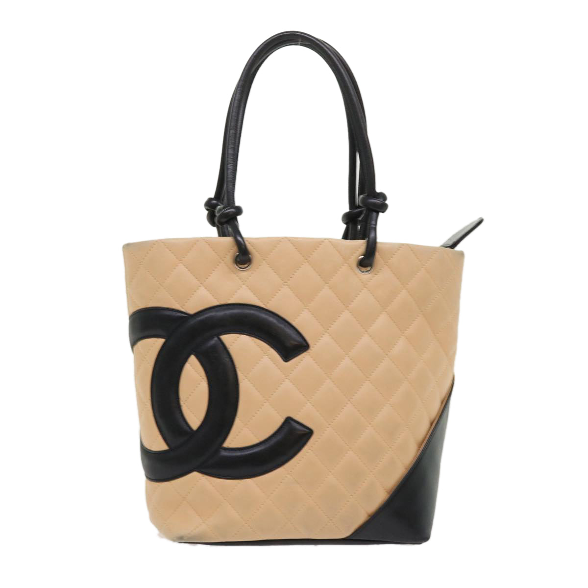 Chanel Cambon Line Tote Bag Leather Beige CC Auth am4685