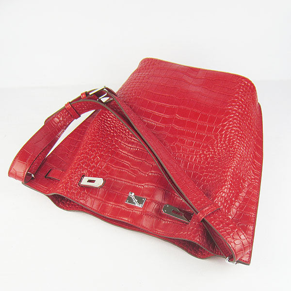 Luxury Hermes Crocodile Vein Shoulder Bag Red Silver