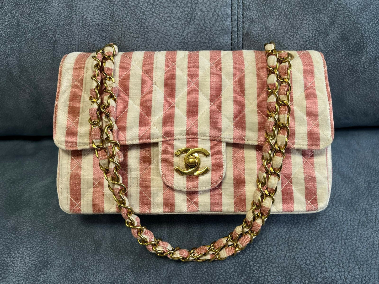 Chanel Striped Linen Classic Flap Bag