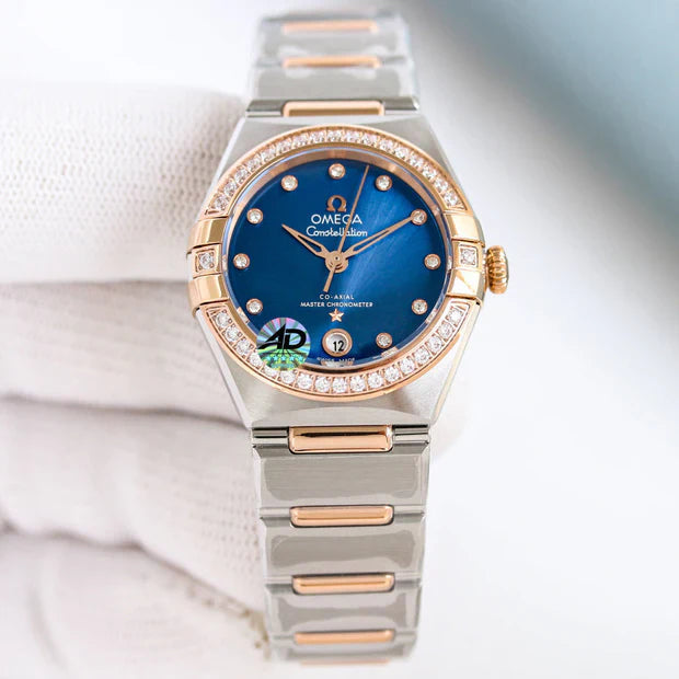 Omega Constellation 29mm Steel Rose Gold Diamond Benzel Blue Dial