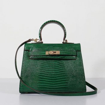 Luxury Hermes Kelly 28Cm Lizard Leather Bag Green Gold