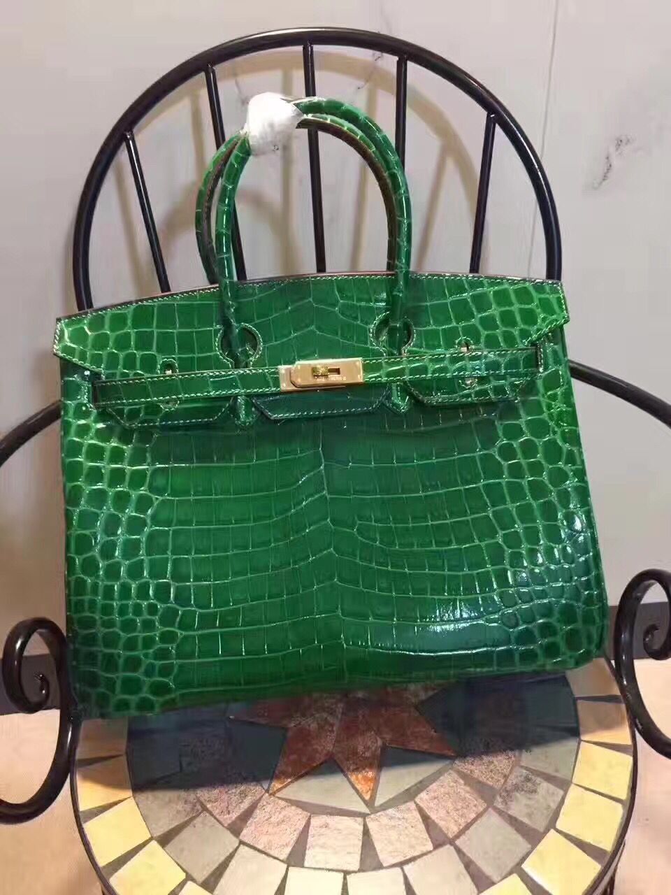 Luxury Hermes Birkin 35Cm Crocodile Leather Handbag Green Gold
