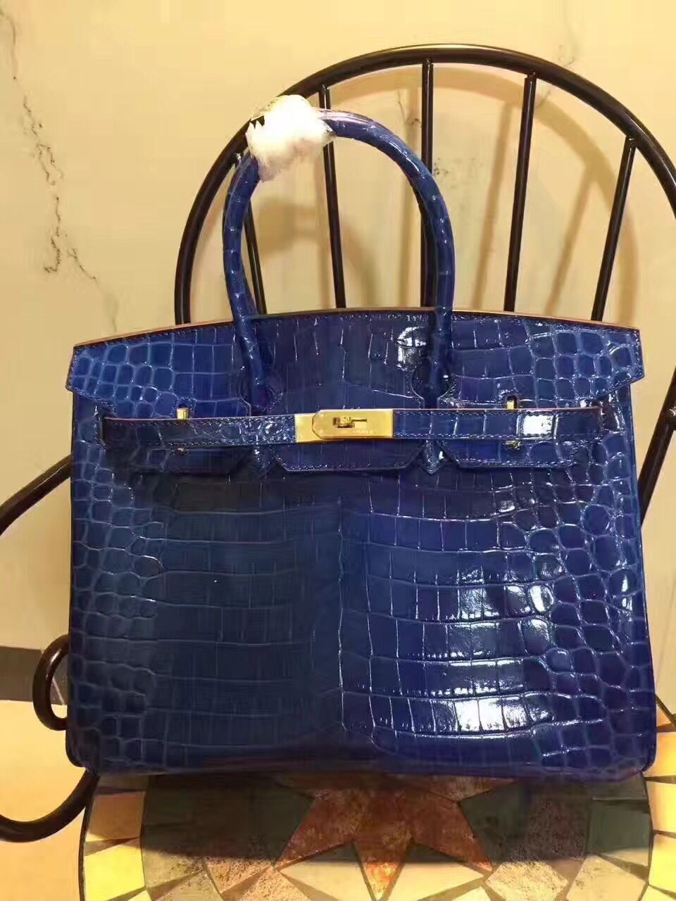 Luxury Hermes Birkin 35Cm Crocodile Leather Handbag Blue Gold