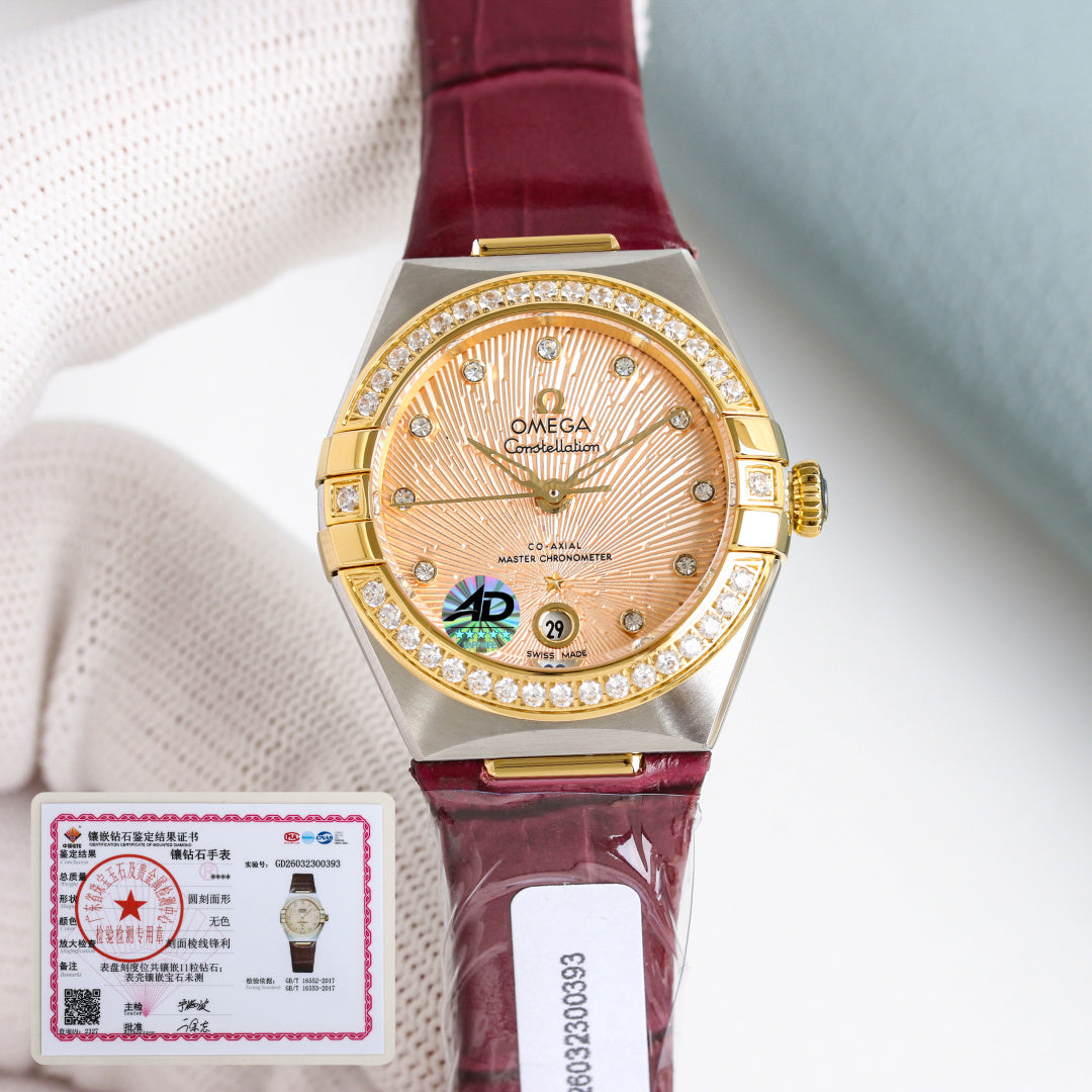 Omega Constellation 29mm Diamond Bezel Diamond Numerals Crocodile Leather