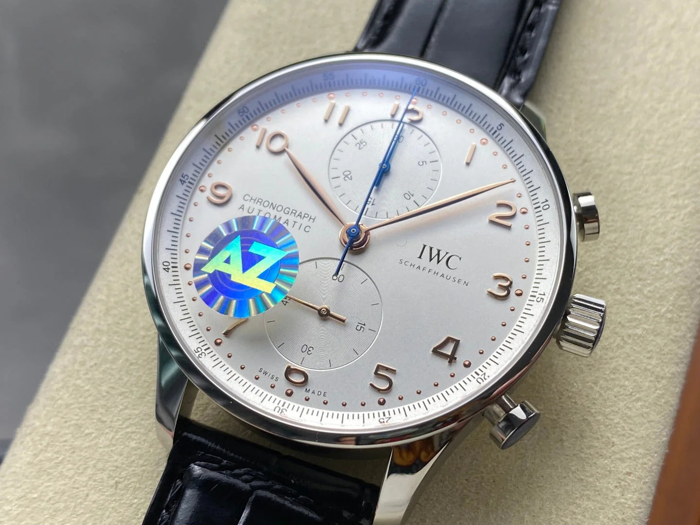 IWC Portuguese 41mm Black Dial Steel Case Pink Gold Numerals Crocodile Leather