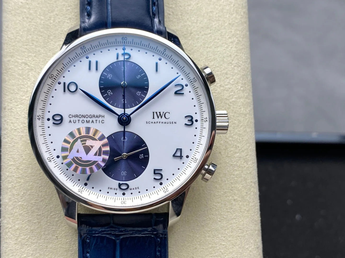 IWC Portuguese 41mm White Blue Dial Steel Case Navy Blue Crocodile Leather