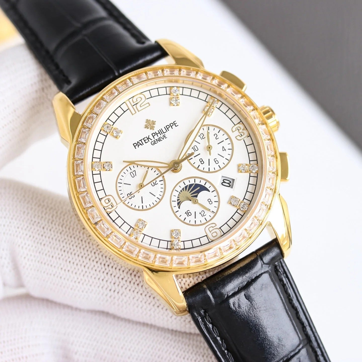 Patek Philippe Annual Calendar 42mm Diamond Benzel Gold Case Black Strap