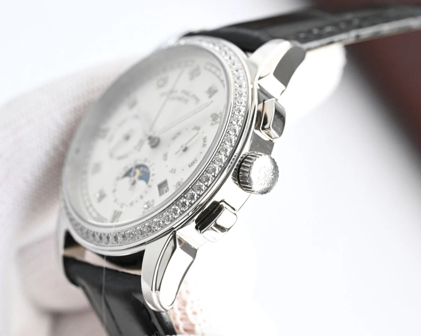 Patek Philippe Annual Calendar 42mm Diamond Benzel Black Leather Strap