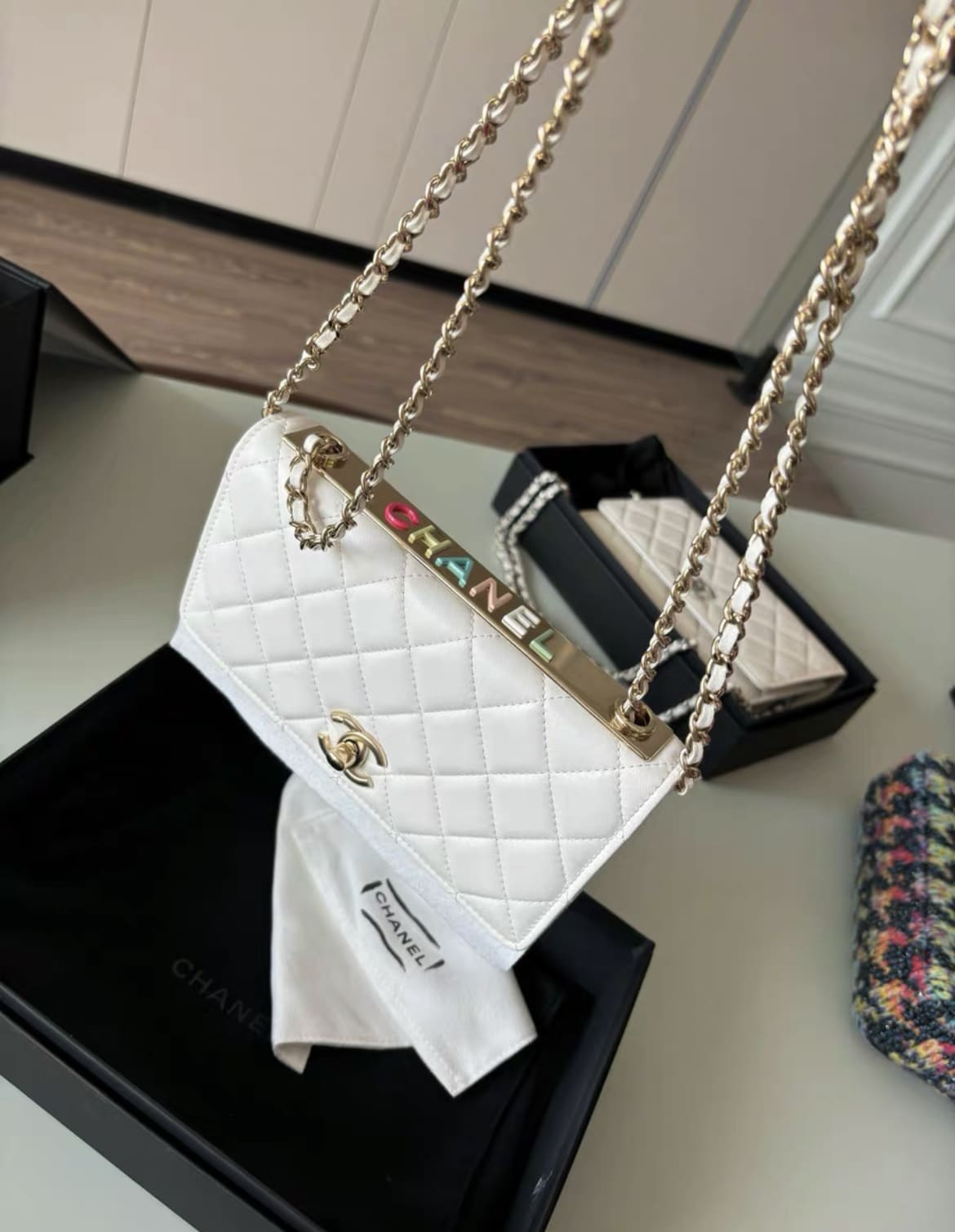 Chanel 24C Trendy Cc White Quilted Lambskin Multicolour Letter Silver Hardware