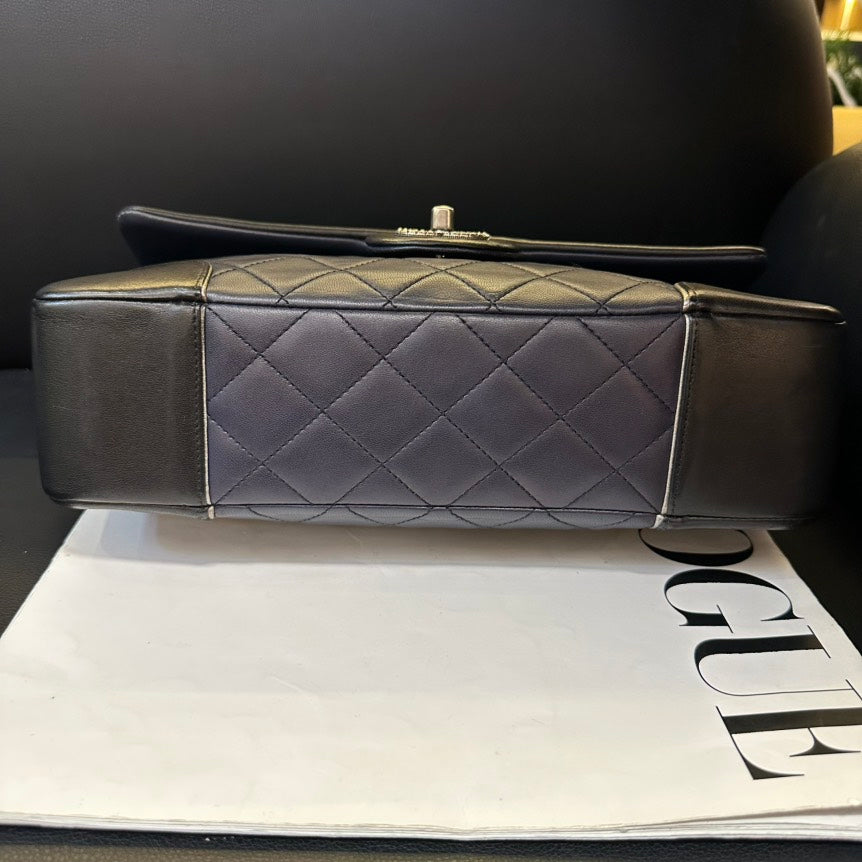 Chanel Color-Blocked Sheepskin CF Chain Crossbody Bag Black and Grey Medium