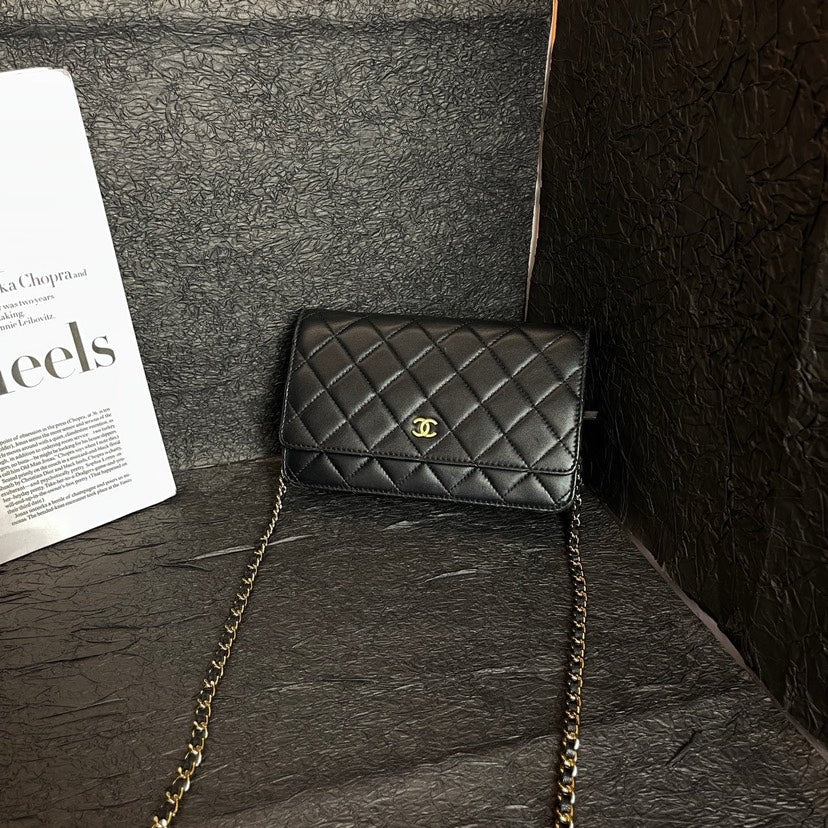 Chanel Black Gold WOC Crossbody Bag Quilted Leather Chain Strap