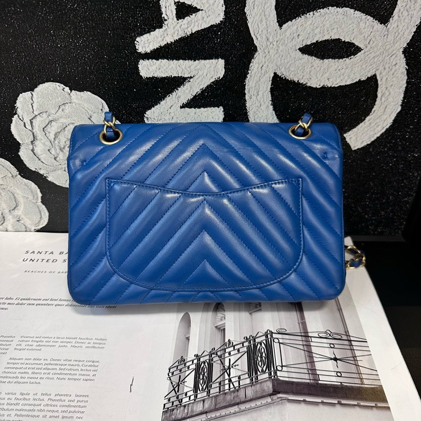 Chanel Blue Gold V-Pattern Small Classic Flap Crossbody Bag