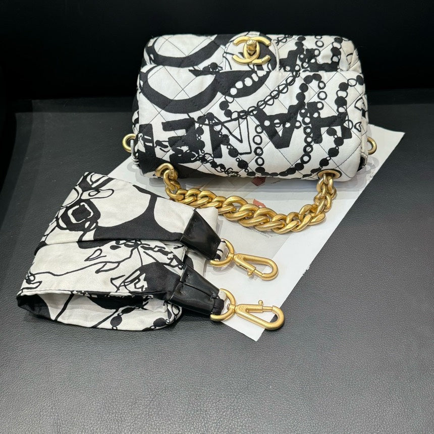 Chanel CF Graffiti Black White Canvas Chain Crossbody Bag Mini