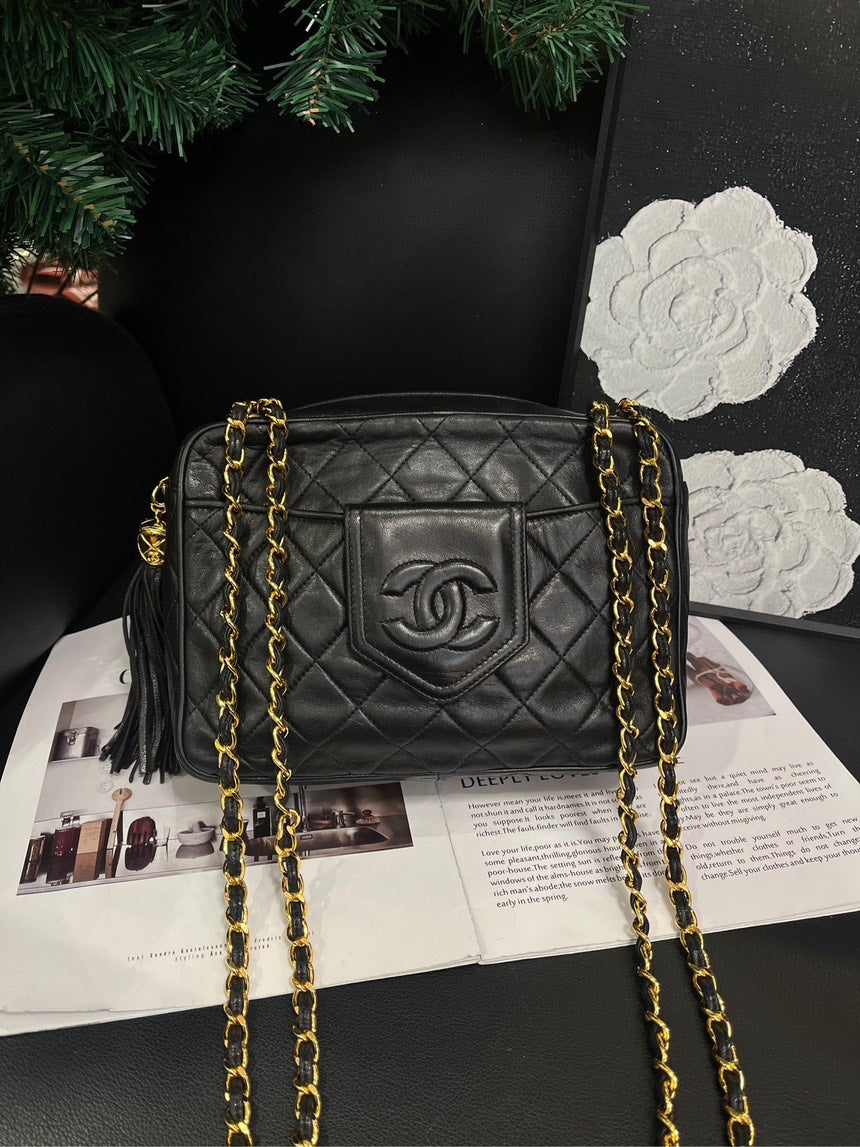 Chanel Black Gold Leather Tassel Chain Camera Crossbody Bag