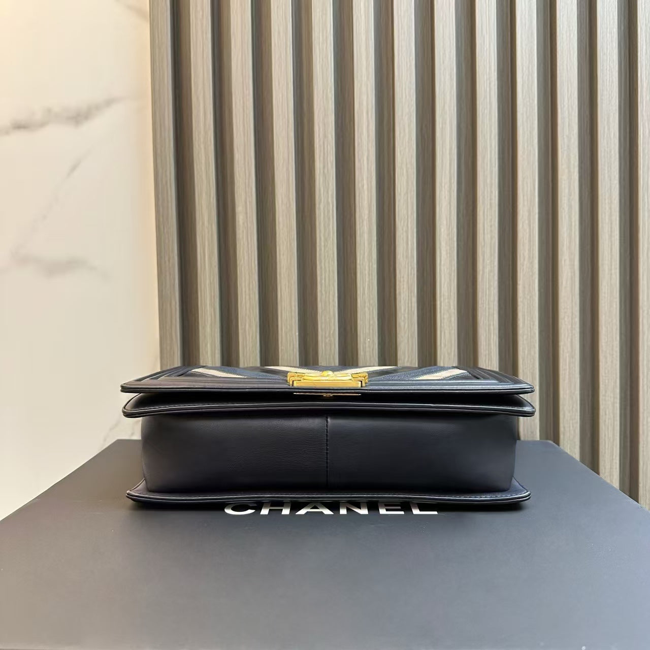 Chanel Le Boy Bag Chevron Black Leather Gold Hardware Crossbody