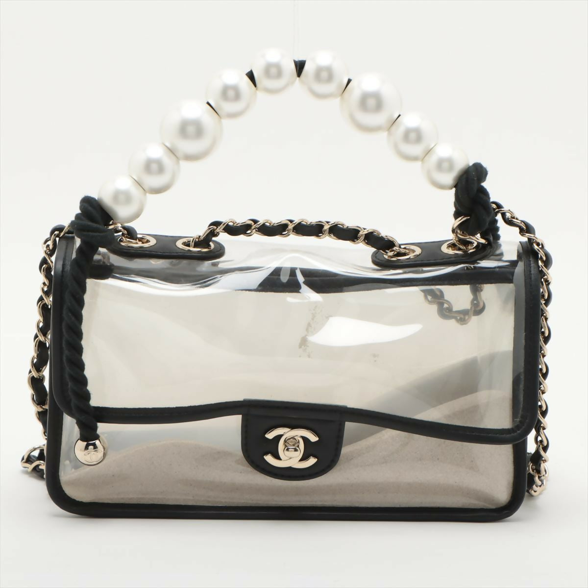 Chanel Black Lambskin Pvc Sand By The Sea With Pearl Strap Flap Bag
