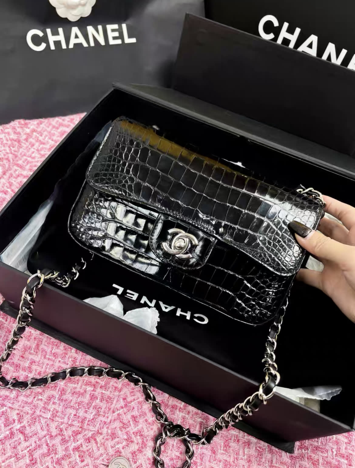 Very Rare Chanel Glossy Alligator Leather Black Silver Cf Mini