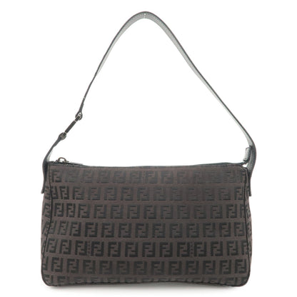 FENDI Zucchino Canvas Leather Shoulder Bag Dark Brown 8BR444