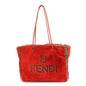 FENDI Leather Fake Fur Shoulder Bag Tote Bag Red