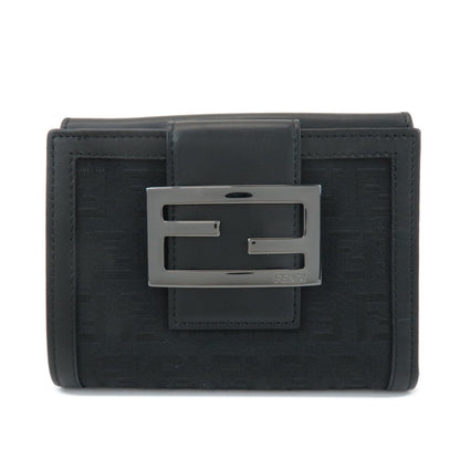 FENDI Zucchino Canvas Leather Double Hook Wallet Black 8M0035