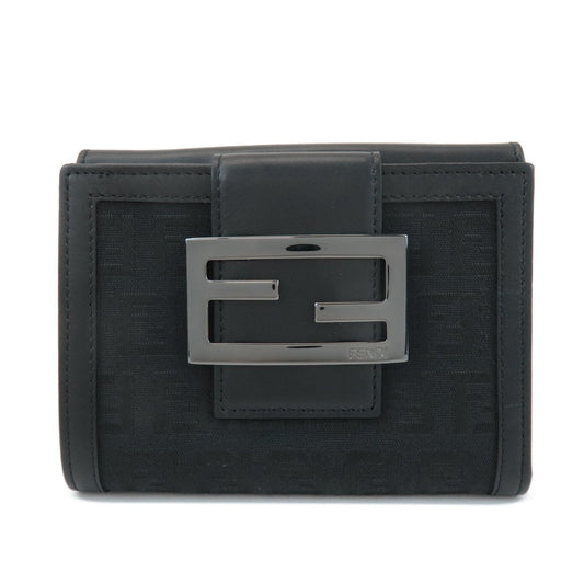 FENDI Zucchino Canvas Leather Double Hook Wallet Black 8M0035