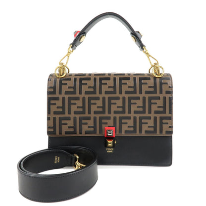FENDI Zucca KAN I Leather 2Way Bag Hand Bag Brown Black 8BT283