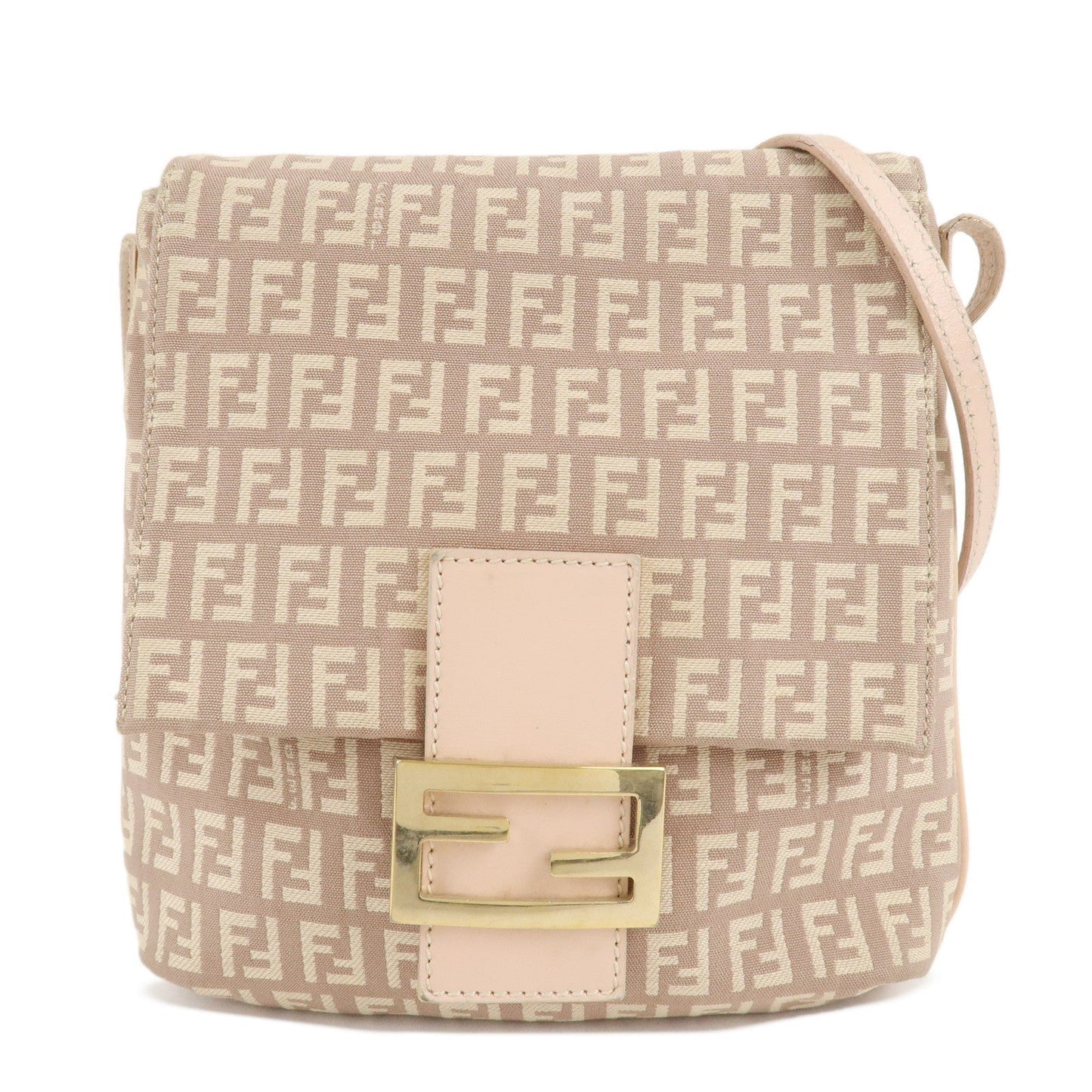 FENDI Zucchino Canvas Leather Shoulder Bag Pink Beige 8BT075