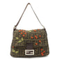 FENDI Mamma Baguette Wool Leather Shoulder Bag Tree Motif Khaki