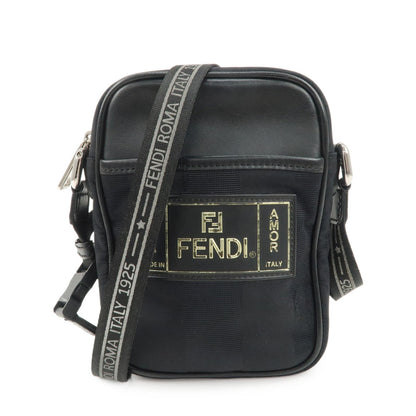 FENDI Pequin Nylon Leather Shoulder Bag Black 7VA456