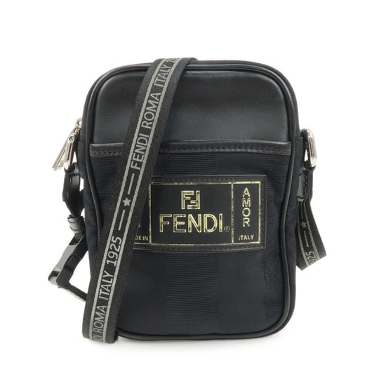 FENDI Pequin Nylon Leather Shoulder Bag Black 7VA456