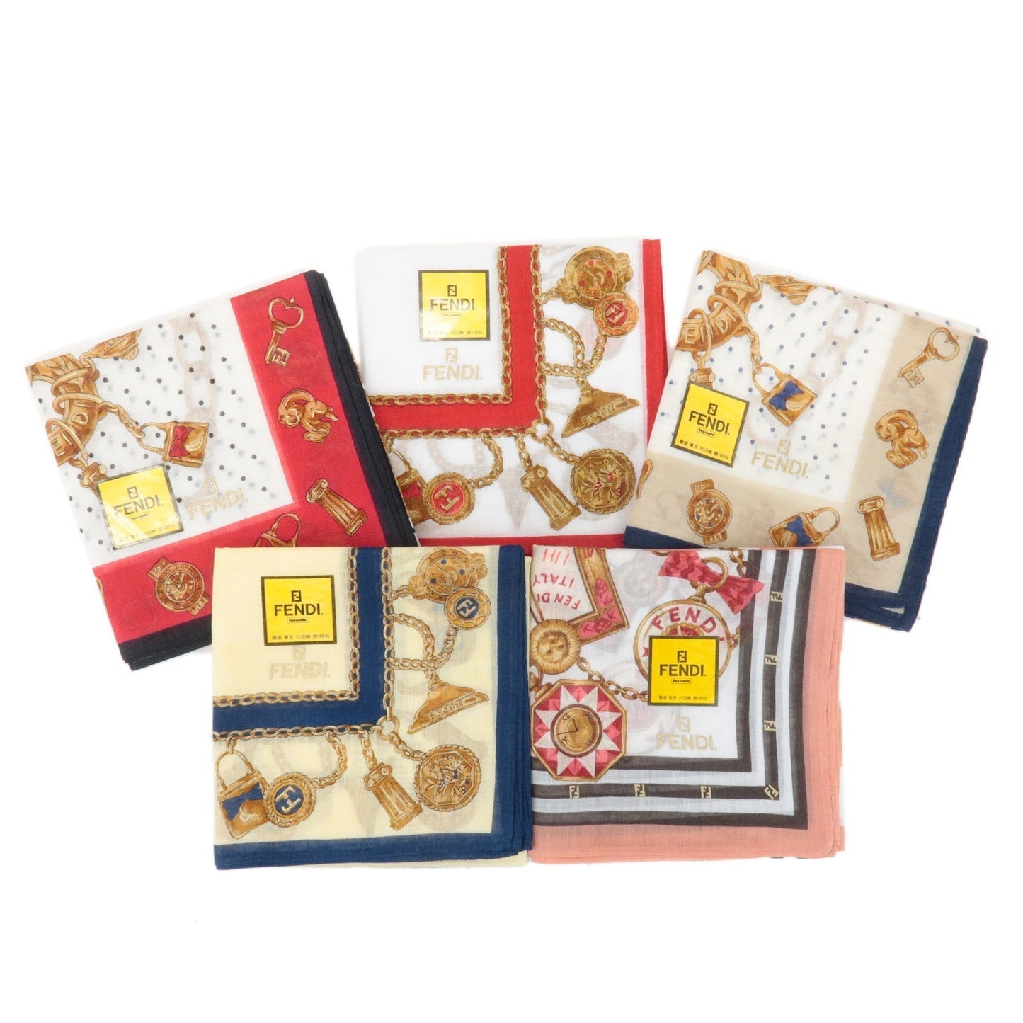 FENDI Set of 5 Cotton 100% Handkerchief Pink Navy Red White