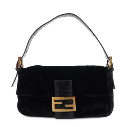 FENDI Mamma Baguette Polyester Leather Shoulder Bag Black 8BR000
