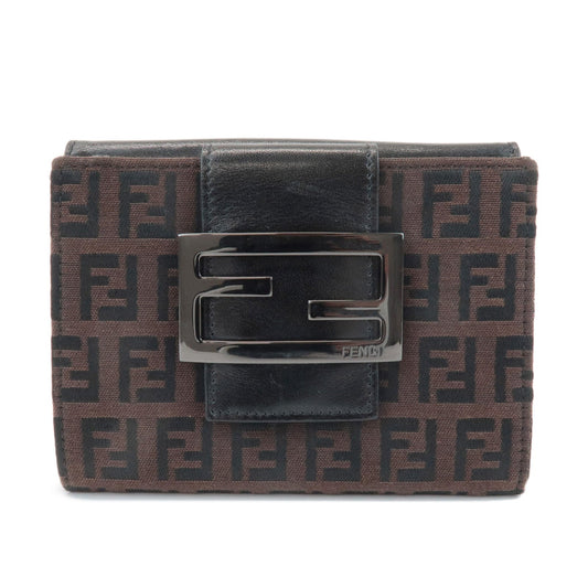 FENDI Zucca Canvas Leather Double Hook Wallet Brown Black 8M0035