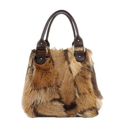 FENDI Fur Leather Tote Bag Hand Bag Shoulder Bag Brown 8BR286