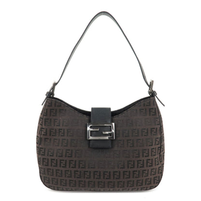 FENDI Zucchino Canvas Leather Shoulder Bag Brown Black 8BR036